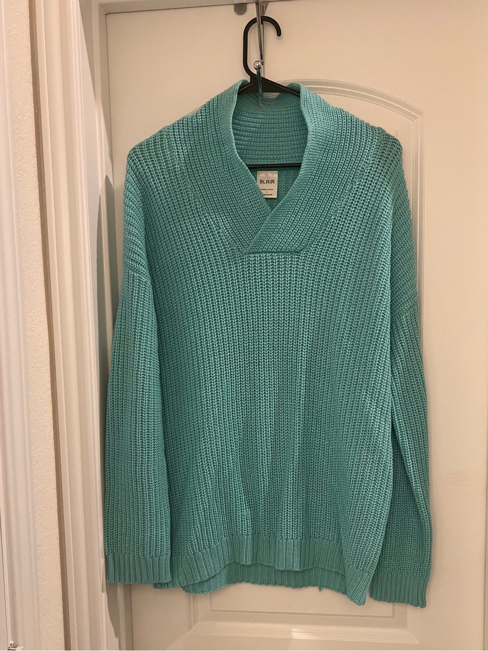 Blair Women’s Large Textured Knit Sweater Aqua Blue Shawl Collar Long Sleeve